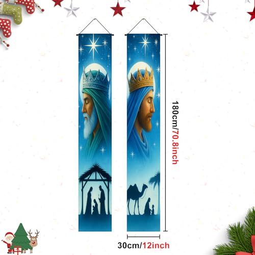 HOMETITUTE Blue Nativity Door Banner – Wise Man & Manger Scene, 11.8 x 70.9 in