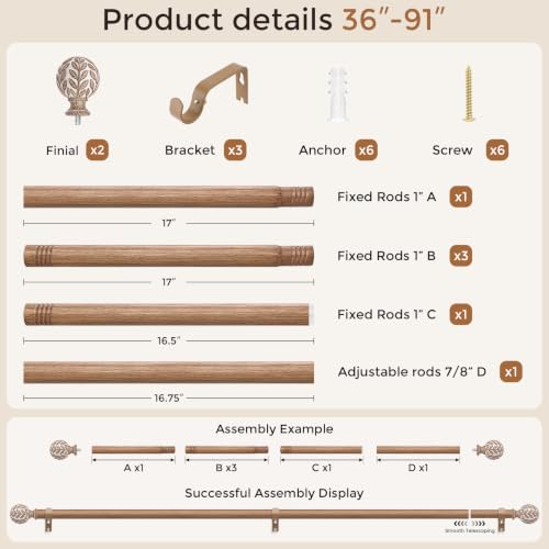Boho Rustic Curtain Rod 36-91 Inch - Heavy Duty 1 Inch Rod with Leaf Finials