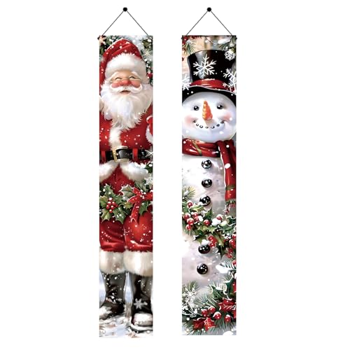 Saoplasa 2PCS Christmas Porch Banner Decorations Santa and Snowman Outdoor Sign 71x12 Inch Holiday Front Door Decor
