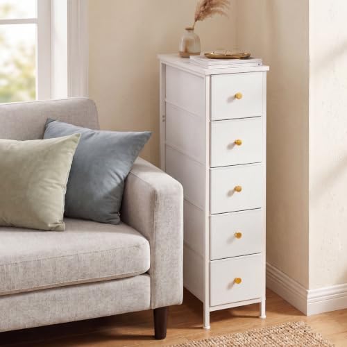 Fixwal White Narrow Storage Cabinet with 5 Fabric Drawers, 16.5"D x 9.5"W x 36.6"H Slim Dresser