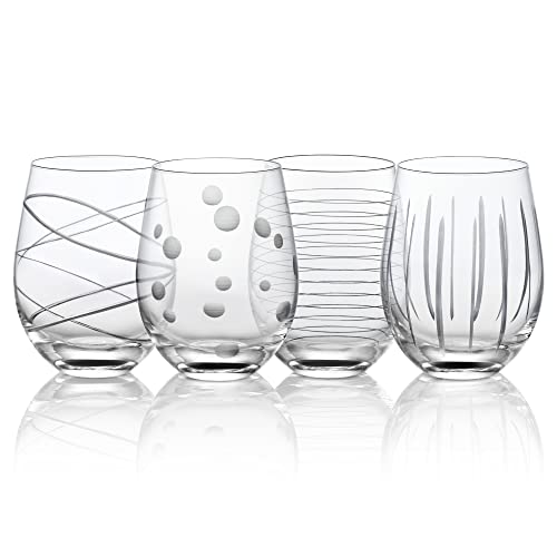 Hand Blown Etched Stemless Wine Glasses, 17.5 oz Patterned Glass Tumblers Set