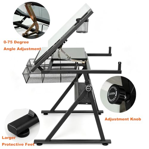 Adjustable Drafting Table with Stool and Drawers, Tilting Art Desk