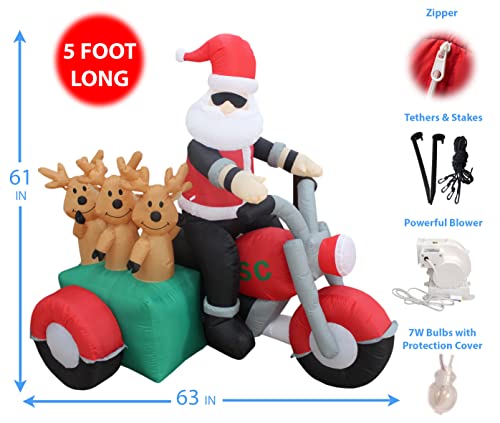 5ft Lighted Christmas Inflatable Santa with Reindeer & Motorcycle Yard Decor