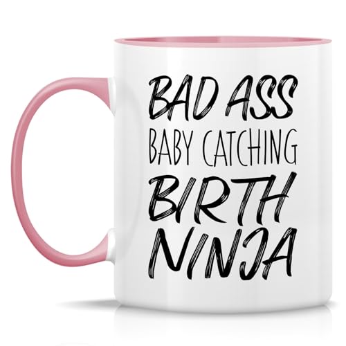 Retreez Funny Bad Ass Baby Ninja Birth Mug - 11 oz White with Pink Handle & Inside