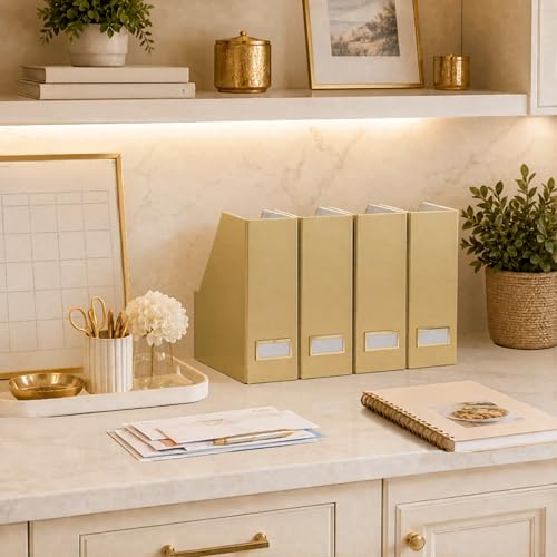 Gold Cardboard Magazine File Holder Set of 4 - Vertical Desk Organizer
