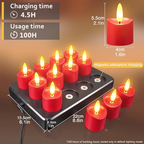 HL Rechargeable Waterproof 3D Red Tea Lights - 12pcs Bright LED Flameless Candles with Remote
