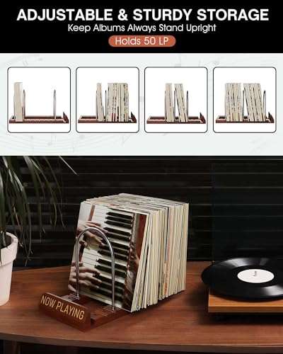 Wooden Vinyl Record Storage Holder - Holds 50 LPs with Display Notch