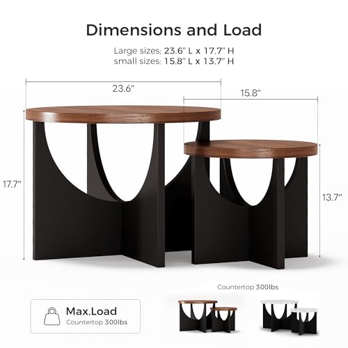 2-Piece Nesting Coffee Table Set, Walnut Wood Round Side Tables