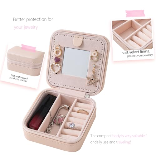 Small Portable Travel Jewelry Organizer Case with Mirror - Pink PU Leather