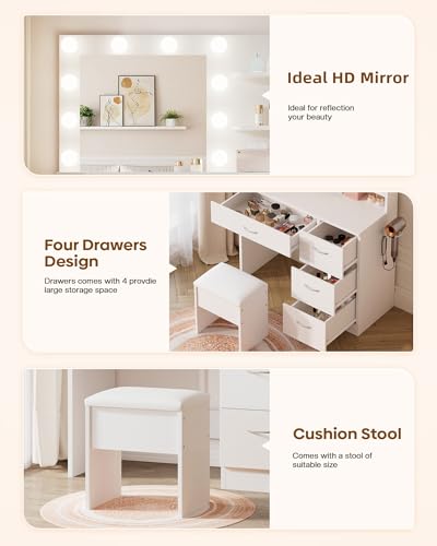 White Makeup Vanity Desk with Lighted Mirror, Charging Station & Stool