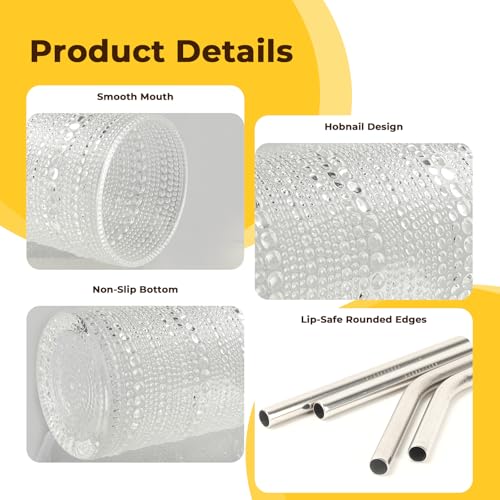 12-Piece Vintage Hobnail Drinking Glass Set with Stainless Steel Straws