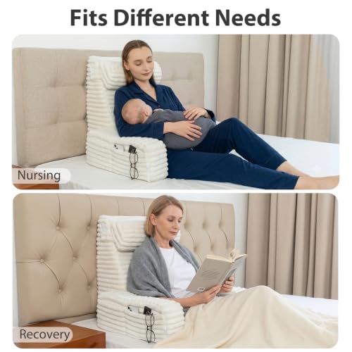 Extra-Large Back Pillow for Bed with Armrests & Pockets - Ivory