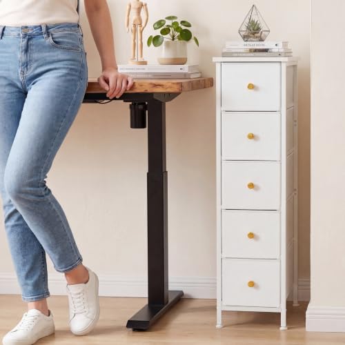 Fixwal White Narrow Storage Cabinet with 5 Fabric Drawers, 16.5"D x 9.5"W x 36.6"H Slim Dresser