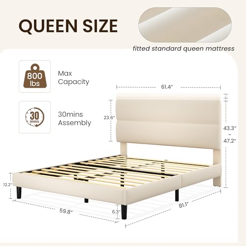 Queen Upholstered Platform Bed Frame with Adjustable Velvet Headboard, Beige
