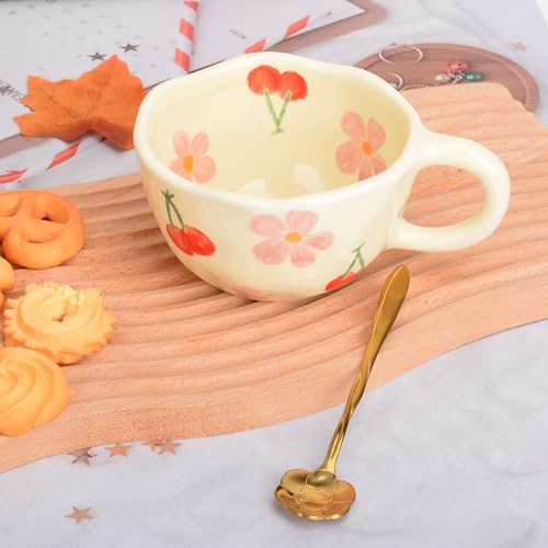 XinHuiGY Pink Flower Handmade Ceramic Coffee Mug with Spoon 8oz – Cute Kawaii Tea Cup for Women, Mothers Day Gift