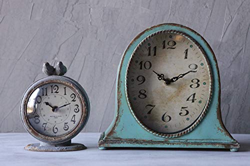 Distressed Aqua Blue Metal Mantel Clock with Wooden Base, 8.5-inch