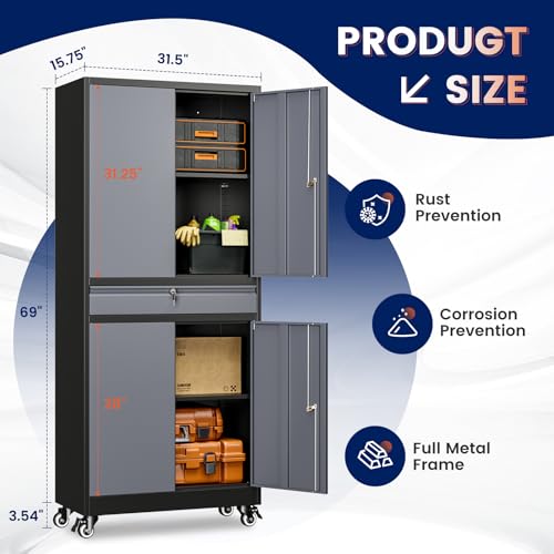 73" Metal Garage Storage Cabinet with Locking Doors, Drawer, and Shelves