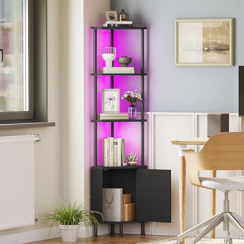 5-Tier Industrial Corner Bookshelf with LED Lighting and Storage Cabinet