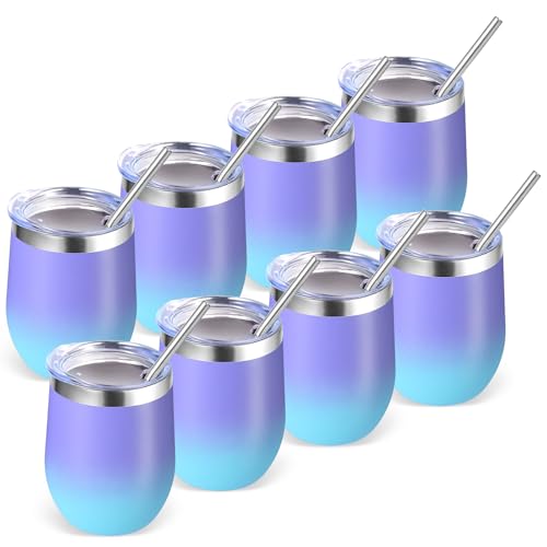 Volhoply 12oz Stainless Steel Wine Tumblers 8-Pack with Purple Blue Lid, Double-Walled Vacuum, Reusable Gift Set