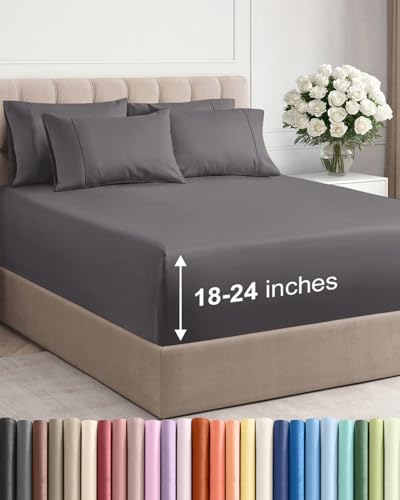 CGK Unlimited Extra Deep Pocket Queen Sheet Set - 6 Piece Grey Cooling Microfiber Bed Sheets