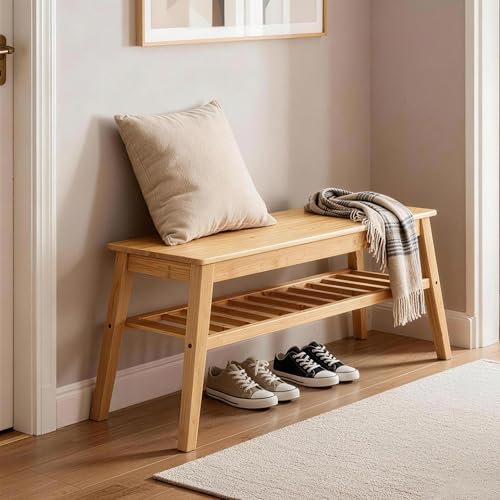 Bamboo Entryway Bench with 2-Tier Shoe Storage Shelf, 33-Inch Wood Bench