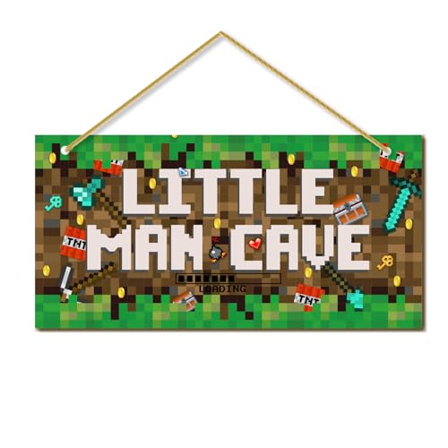 Little Man Cave Pixel Gaming Door Sign - Wooden Gamer Room Wall Decor