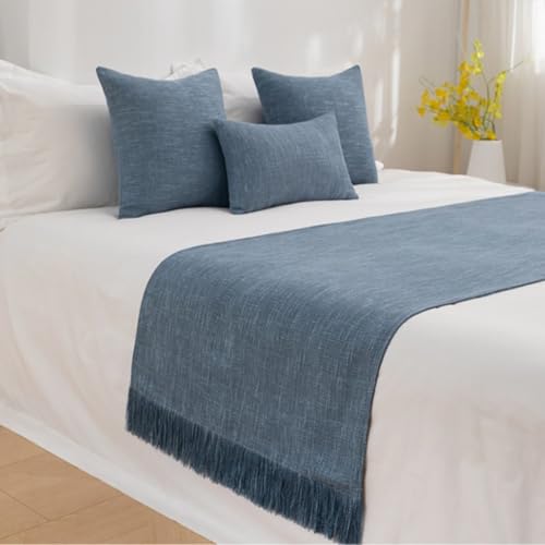 Solid Color Cotton Linen Bed Runner with Tassels - Brown, 50x260cm, Matching Pillow Covers Optional