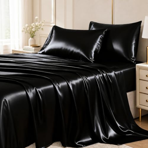 CozyLux Queen Satin Sheet Set - 4-Piece 14" Deep Pocket Silky Bed Sheets (Black)