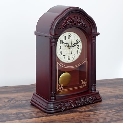 Retro Mantel Clock with Swinging Pendulum, 13-Inch Silent Shelf Clock