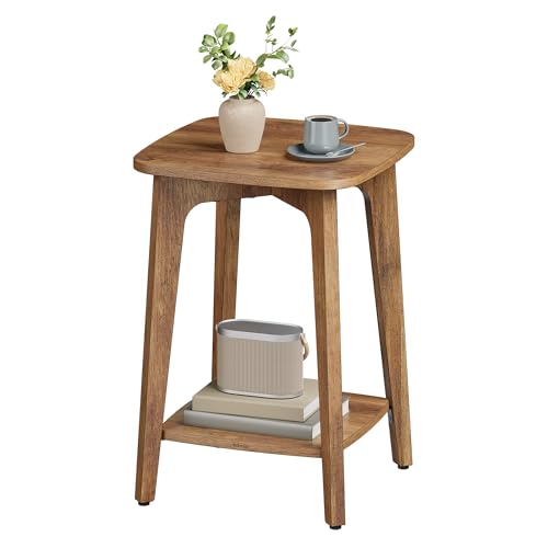 2-Tier Small Square Side Table & Nightstand with Tapered Legs - Honey Brown