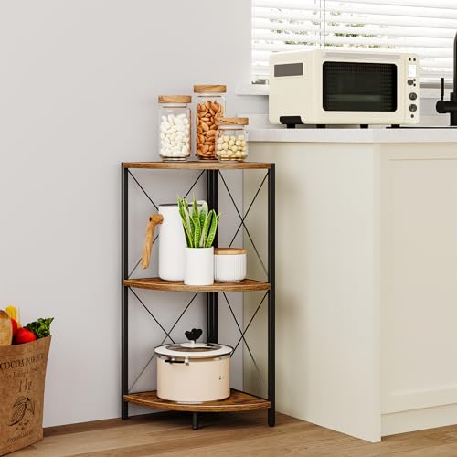 3-Tier Rustic Corner Shelf, Industrial Freestanding Storage Organizer
