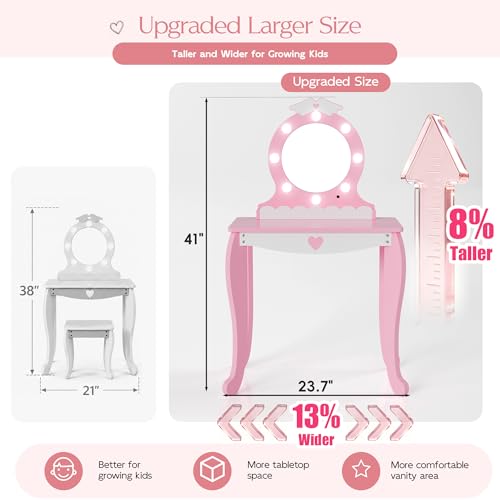 Kids Vanity Set with Lighted Mirror and Stool - Pink Princess Makeup Desk