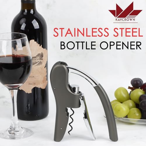 KAYCROWN Gray Stainless Steel Lever Wine Bottle Opener with Foil Cutter & Extra Spiral