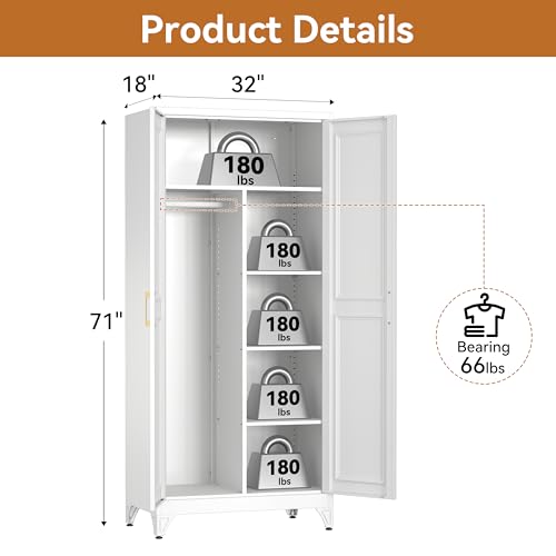 71" Tall Metal Wardrobe Closet with Hanging Rod and Adjustable Shelves, White