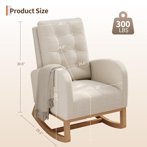 Modern Linen Upholstered Rocking Chair with Side Pocket - Beige Glider