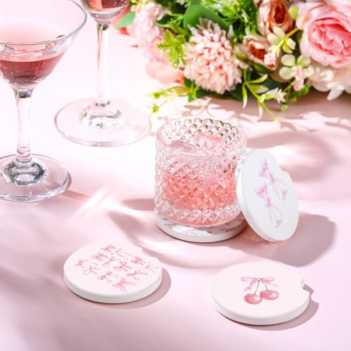 4 Pcs Pink Bow Car Coasters for Cup Holders - 2.56" Absorbent Ceramic, Boao (Pink Bow Variation)