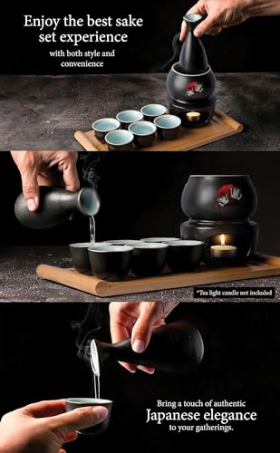 LOONCREST Black Japanese Ceramic Sake Set with Cups Bottle Warmer & Carrying Case