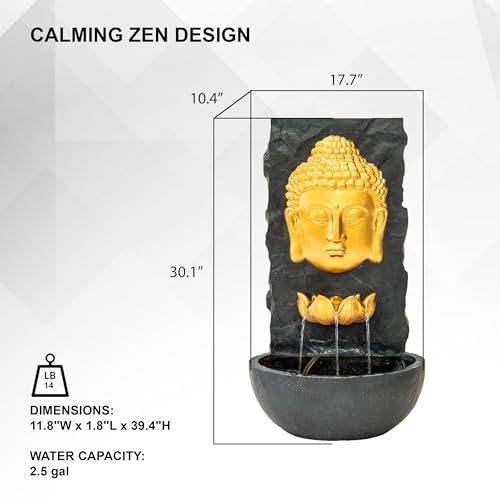 30-Inch Buddha Zen Wall Water Fountain with LED Light for Garden Decor
