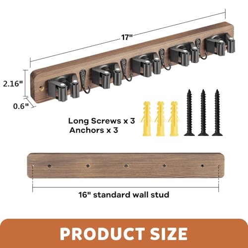 Rustic Wood Broom and Mop Holder Wall Mount with 5 Racks and 4 Hooks
