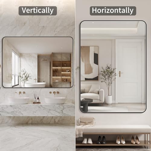 30x36 Inch Rounded Rectangle Bathroom Mirror, Black Metal Framed Wall Mirror