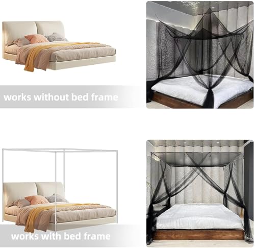 Black Mosquito Net Bed Canopy - 4 Corner Post Curtains for King & Queen