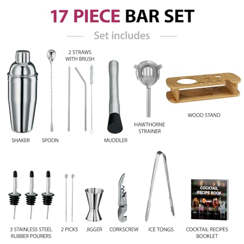 FineDine Stainless Steel Cocktail Shaker Set with Bartender Tools & Stand