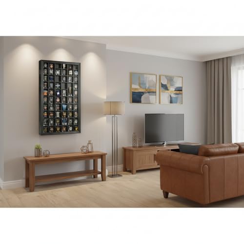 52-Slot Shot Glass Display Case, Wall-Mount Lockable Wooden Cabinet
