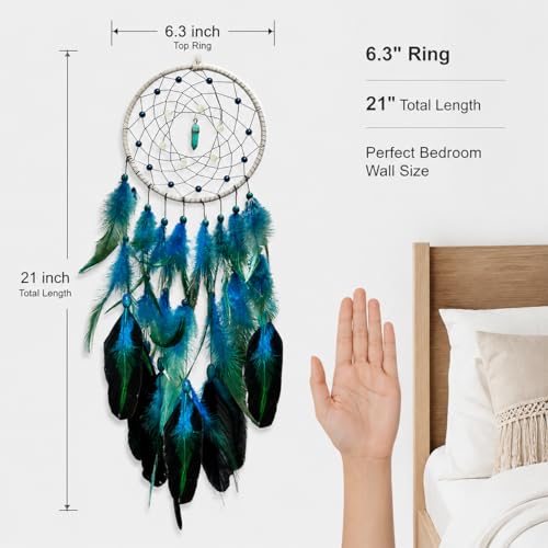 Luminous Blue Dream Catcher with Gemstone, 18-Inch Handmade Wall Decor
