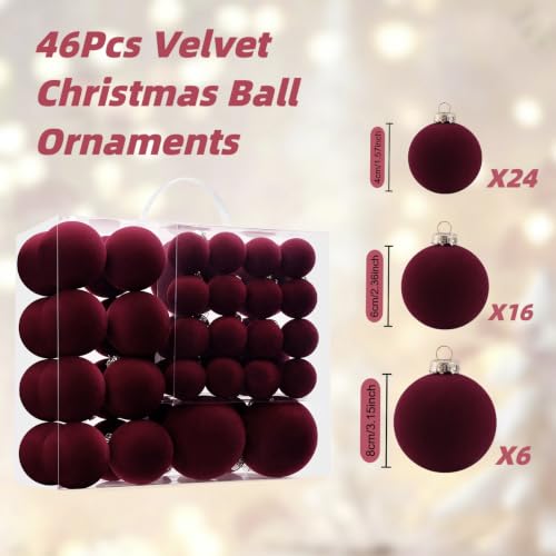 Drayenne Burgundy Velvet Christmas Ball Ornaments Set - 46pcs Shatterproof Holiday Decor