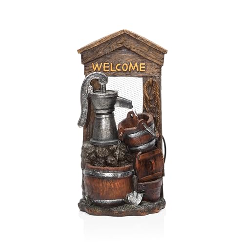 24-Inch Rustic Barrel Floor Fountain with Welcome Sign - Indoor Outdoor