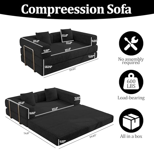 5-in-1 Convertible Corduroy Sleeper Sofa Bed, 59-Inch Floor Loveseat