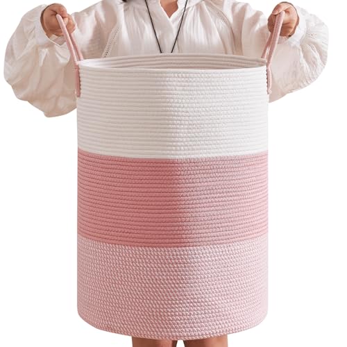 80L Large Cotton Rope Laundry Basket - Decorative Pink Storage Bin