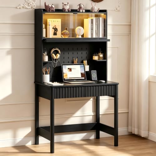 31.5" Compact Computer Desk with Hutch, Charging Station and 2 Drawers