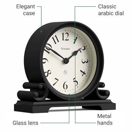Double Scroll Mantel Clock - Silent Sweep Black Desk & Shelf Clock